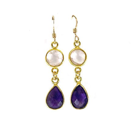 Clear Quartz & Amethyst Bezel Drop Earrings – 14k Gold Filled – Handmade in Raleigh NC – 1.5" Gift-Boxed Jewelry