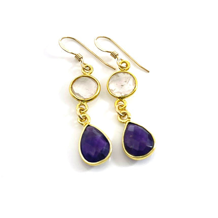 Clear Quartz & Amethyst Bezel Drop Earrings – 14k Gold Filled – Handmade in Raleigh NC – 1.5" Gift-Boxed Jewelry
