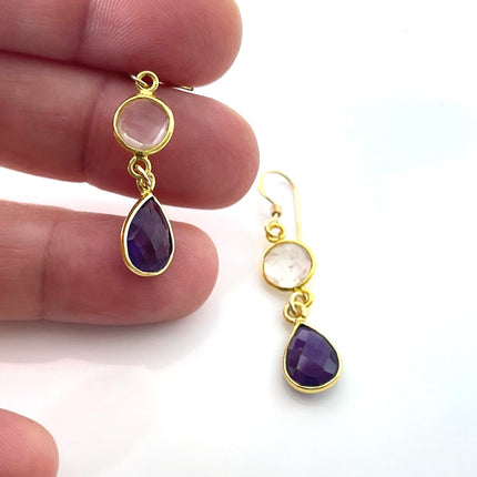 Clear Quartz & Amethyst Bezel Drop Earrings – 14k Gold Filled – Handmade in Raleigh NC – 1.5" Gift-Boxed Jewelry