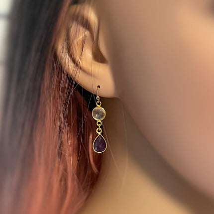 Clear Quartz & Amethyst Bezel Drop Earrings – 14k Gold Filled – Handmade in Raleigh NC – 1.5" Gift-Boxed Jewelry