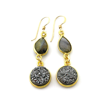 Labradorite & Gray Druzy Drop Earrings – 14k Gold Filled – Handmade in Raleigh NC – 1.5" Gift-Boxed Jewelry