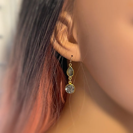 Labradorite & Gray Druzy Drop Earrings – 14k Gold Filled – Handmade in Raleigh NC – 1.5" Gift-Boxed Jewelry