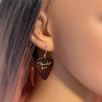 Genuine Fender Guitar Pick Earrings – Sterling Silver Ear Wires – Handmade in Raleigh NC – 1.75" Gift-Boxed Jewelry