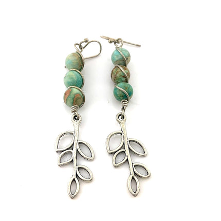Aqua Terra Jasper & Pewter Tree Earrings – 3 Inch Statement Drops – Sterling Silver Earwires – Handmade in Raleigh NC