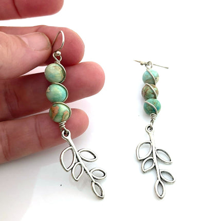 Aqua Terra Jasper & Pewter Tree Earrings – 3 Inch Statement Drops – Sterling Silver Earwires – Handmade in Raleigh NC