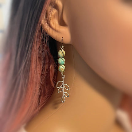 Aqua Terra Jasper & Pewter Tree Earrings – 3 Inch Statement Drops – Sterling Silver Earwires – Handmade in Raleigh NC