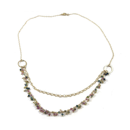 One of a Kind Tourmaline Cluster Necklace – Dual Layer Gold Filled Statement Necklace – Handmade in Raleigh