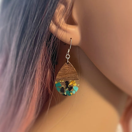 Upcycled Wood & Resin Teardrop Earrings – Sterling Silver Hooks – Handmade in Raleigh