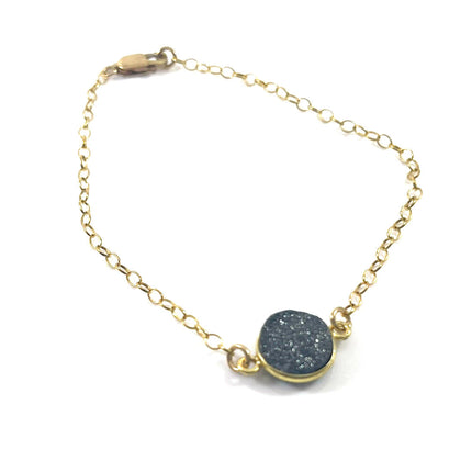 Dainty Gray Druzy Bracelet – 14k Gold Filled Chain – Sparkling Gemstone – Handmade in Raleigh