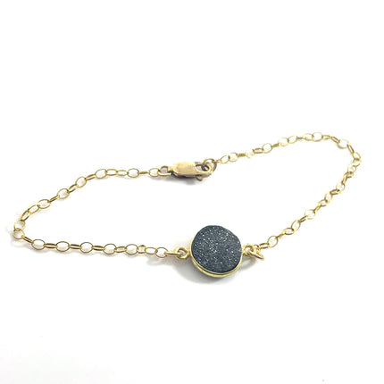 Dainty Gray Druzy Bracelet – 14k Gold Filled Chain – Sparkling Gemstone – Handmade in Raleigh