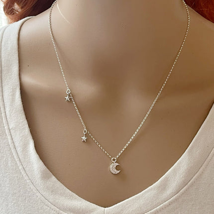 Sterling Silver CZ Crescent Moon Necklace