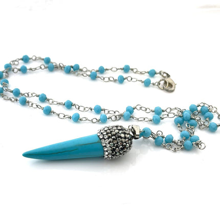 Turquoise Horn Necklace – Howlite & Czech Glass on Stainless Steel Chain