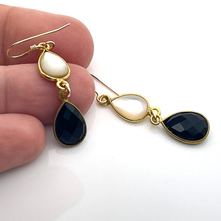 Black Spinel & Mother of Pearl Drop Earrings – 14K Gold Fill