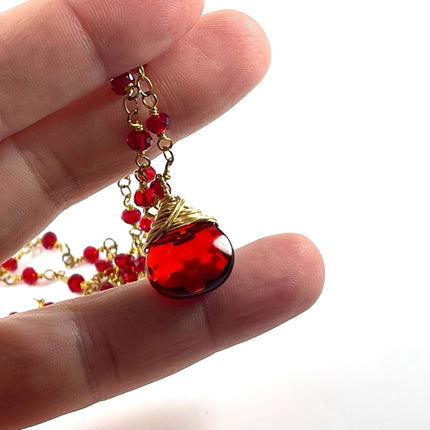 Red Glass Pendant Necklace – Gold Plated Brass, 18 Inch