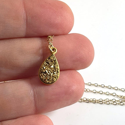 Gold Druzy Teardrop Necklace – 14k Gold Fill