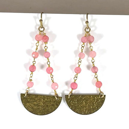 Pink Jade & Textured Brass Drop Earrings – 14k Gold Filled