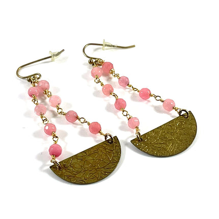 Pink Jade & Textured Brass Drop Earrings – 14k Gold Filled