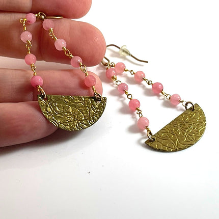 Pink Jade & Textured Brass Drop Earrings – 14k Gold Filled