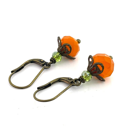 Czech Glass Pumpkin Earrings – Orange & Green Crystal Drop Earrings