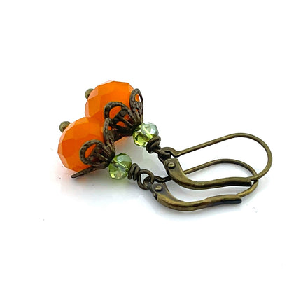 Czech Glass Pumpkin Earrings – Orange & Green Crystal Drop Earrings