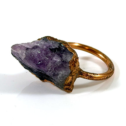 One of a Kind Raw Amethyst Electroformed Copper Ring – Rustic Crystal Statement Ring – Size 4