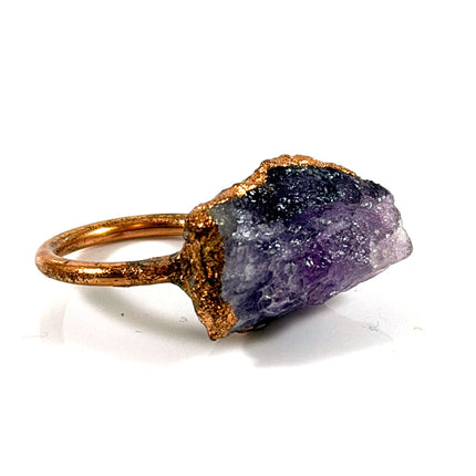 One of a Kind Raw Amethyst Electroformed Copper Ring – Rustic Crystal Statement Ring – Size 4