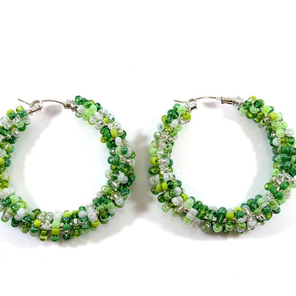St. Patrick’s Inspired Green Beaded Hoop Earrings – Sterling Silver Wire Wrapped Seed Bead Hoops – 1.5 Inch Festive Statement Earrings