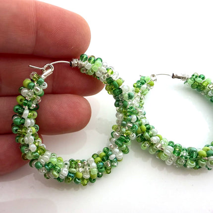 St. Patrick’s Inspired Green Beaded Hoop Earrings – Sterling Silver Wire Wrapped Seed Bead Hoops – 1.5 Inch Festive Statement Earrings