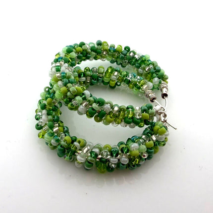 St. Patrick’s Inspired Green Beaded Hoop Earrings – Sterling Silver Wire Wrapped Seed Bead Hoops – 1.5 Inch Festive Statement Earrings