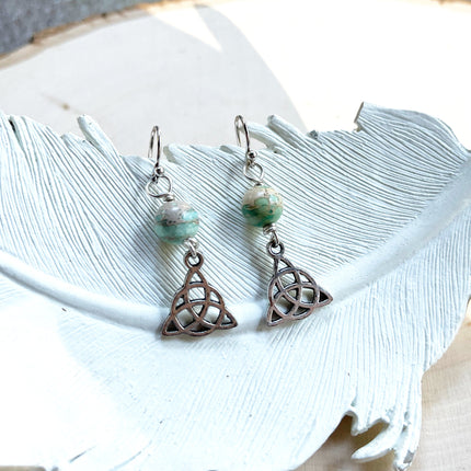 Celtic Charm and Seafoam Green Jasper Sterling Silver Earrings