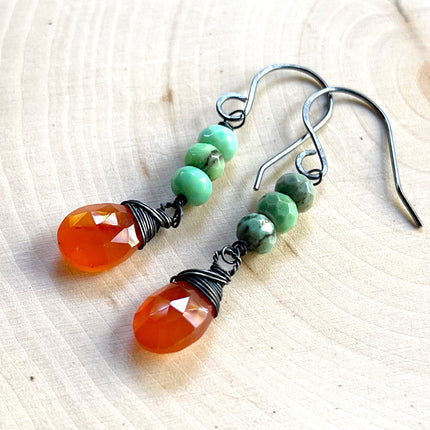 Carnelian and African Turquoise Gemstone Oxidized Sterling Silver Earrings