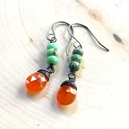 Carnelian and African Turquoise Gemstone Oxidized Sterling Silver Earrings