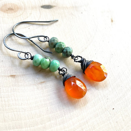 Carnelian and African Turquoise Gemstone Oxidized Sterling Silver Earrings