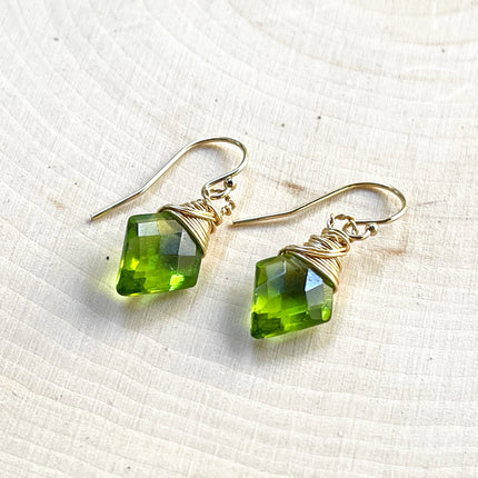 Peridot Gemstone Diamond Shape Briolette Earrings in 14k Gold Fill
