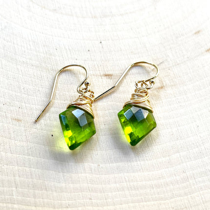 Peridot Gemstone Diamond Shape Briolette Earrings in 14k Gold Fill
