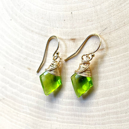 Peridot Gemstone Diamond Shape Briolette Earrings in 14k Gold Fill