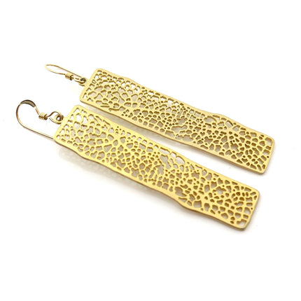 14k Gold Rectangle Filigree Dangle Mesh Earrings