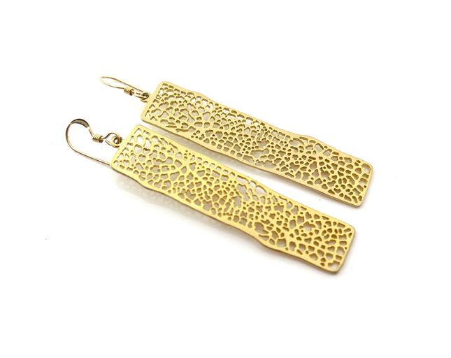 14k Gold Rectangle Filigree Dangle Mesh Earrings