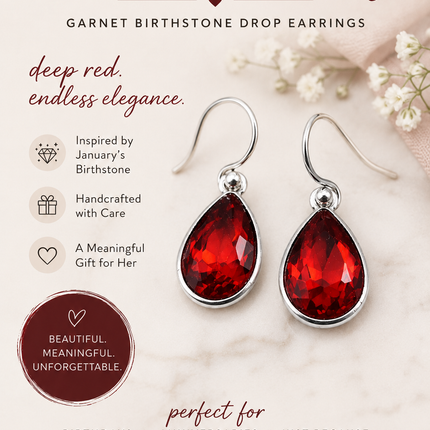 January Birthstone Earrings – Garnet Red Crystal Teardrop Earrings in Sterling Silver
