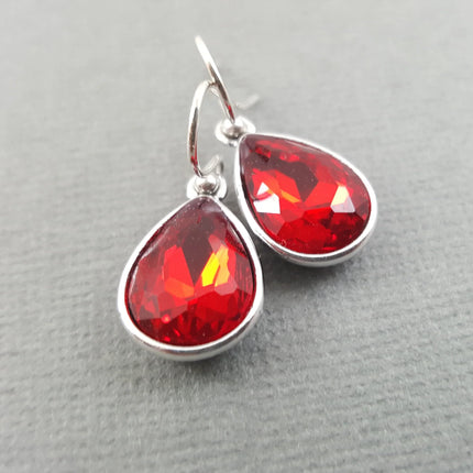 January Birthstone Earrings – Garnet Red Crystal Teardrop Earrings in Sterling Silver