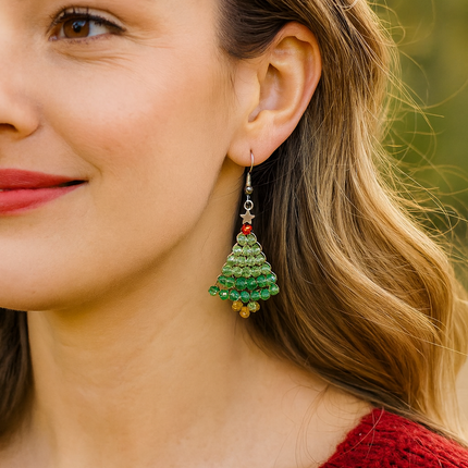 Christmas Tree Beaded Earrings – Handmade Holiday Jewelry with Star & Stainless Steel Hooks