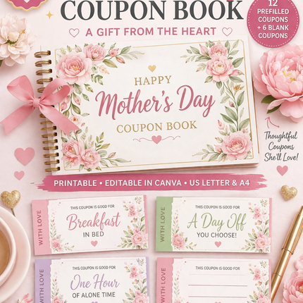 Elegant Mother’s Day Coupon Book Printable | 12 Prefilled + 6 Blank Coupons