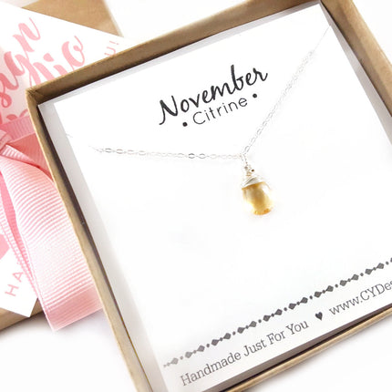 Citrine Gemstone - November Birthstone - Sterling Silver Necklace