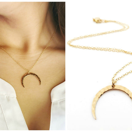 Hammered Crescent Moon Necklace - Dainty 14k Gold Filled Jewelry