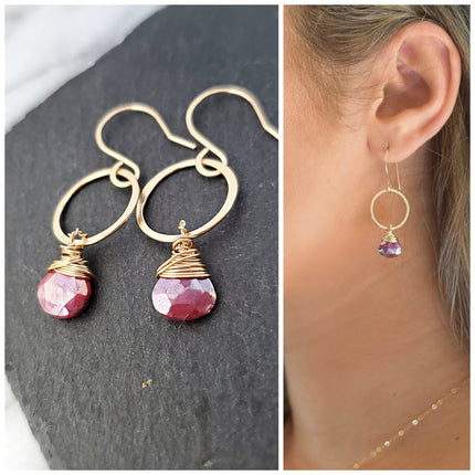 Ruby Quartz Earrings - 14k Gold Fill Earrings - Hammered Gemstone Hoop Earrings
