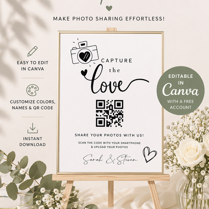 Capture the Love – Editable QR Code Wedding Sign Template (Canva) | Instant Download
