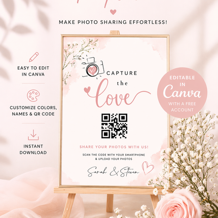 Capture the Love – Editable QR Code Wedding Sign Template (Canva) | Instant Download