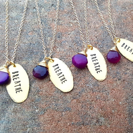 Breathe Necklace – Hand Stamped Brass Tag with Purple Chalcedony, 20 Inch