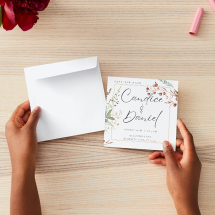 Minimalist Floral Wedding Invitation Template – Square 5.5” x 5.5” Canva Design
