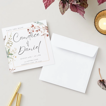 Minimalist Floral Wedding Invitation Template – Square 5.5” x 5.5” Canva Design